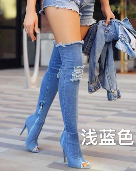 Пикантные сапоги; женские ботфорты до бедра; Сапоги выше колена с открытым носком; голубые джинсовые туфли на высоком каблуке, на молнии - Цвет: Dark Blue