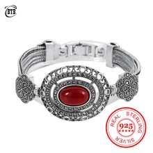 925 серебро, красные стразы, Ретро стиль, серый черный браслет для женщин, большой овальный браслет, Новое поступление, подарки для пар