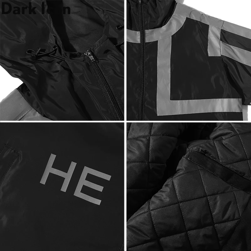Dark Icon 3M Reflection Jacket Men with Hoodie Black Windbreaker Hooded Jackets Men Short Design Jacket for Men