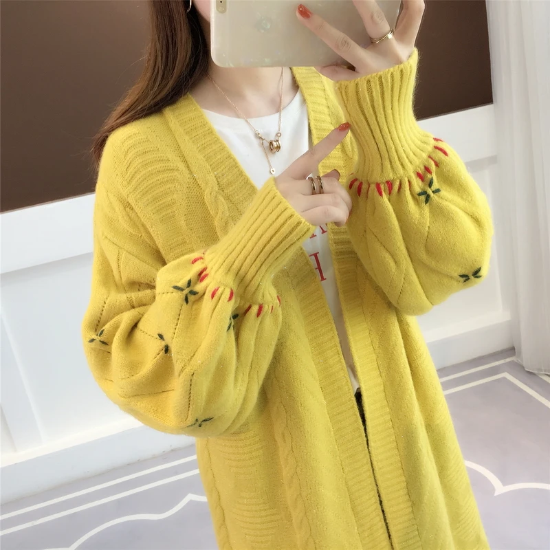 Женские свитера, элегантные свитера с вышивкой белого и розового цвета, осенне-зимний Кардиган с v-образным вырезом и рукавами-фонариками, корейские свободные вязаные кардиганы