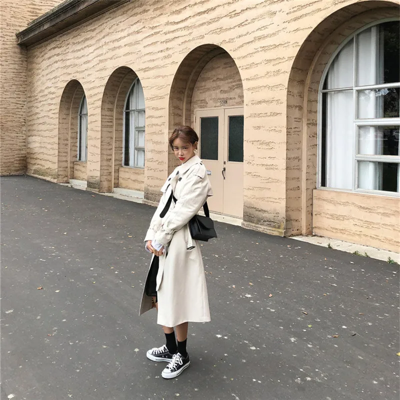 Южная Корея Dongdaemun рабочая одежда с разрезом длинный Тренч Женский осень двубортный большой нагрудный Пояс Тренч пальто