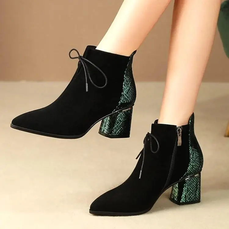 

Short boots women spring and autumn single boots pointed high heel short boots contrast color Martins sheep suede 6cm