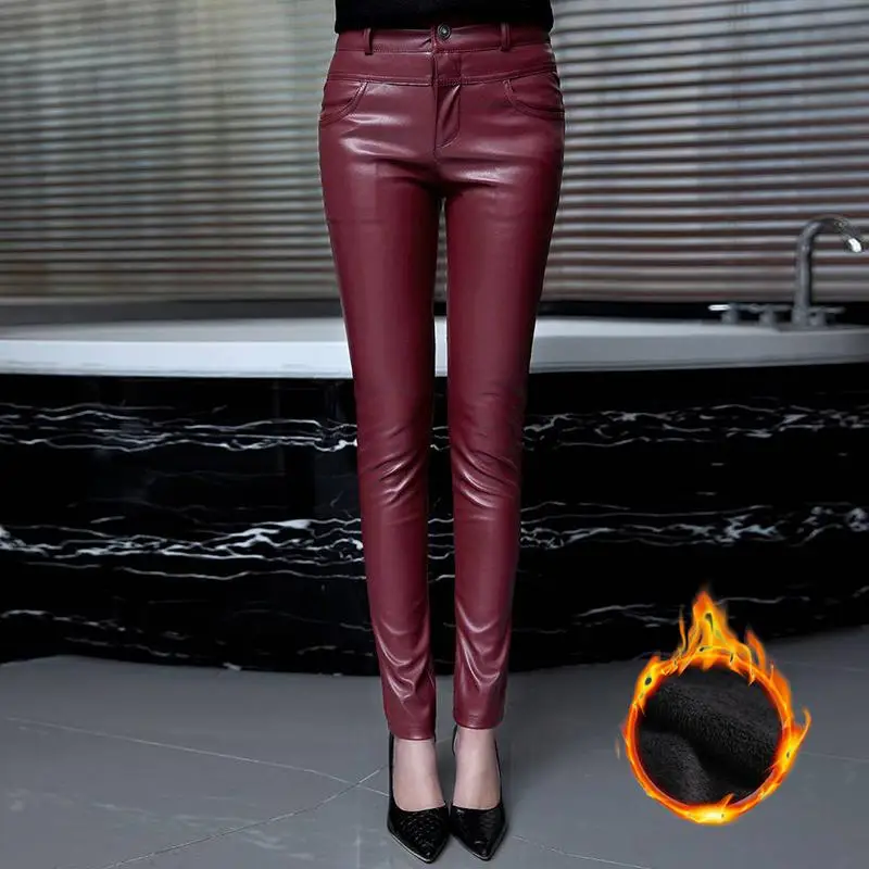 Осень зима женские брюки из натуральной кожи женские тонкие леггинсы из натуральной овчины женские плотные бархатные обтягивающие длинные брюки V05 - Цвет: red plus velvet
