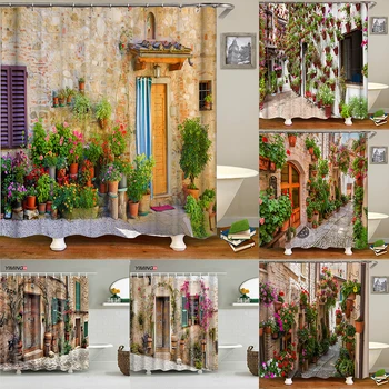 

200x180 bathroom waterproof decorative shower curtain 3D European country town street view printing polyester curtain with hook