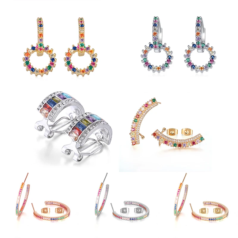 Женские серьги кольца с фианитами золотого и серебряного цвета разноцветным