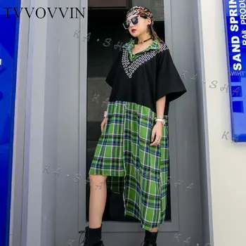 

Loose Streetwear 2020 Summer New Women Dress Lattice Stitching Fashion Loose Plus Size Irregular Short Sleeve Dresses XJ4381