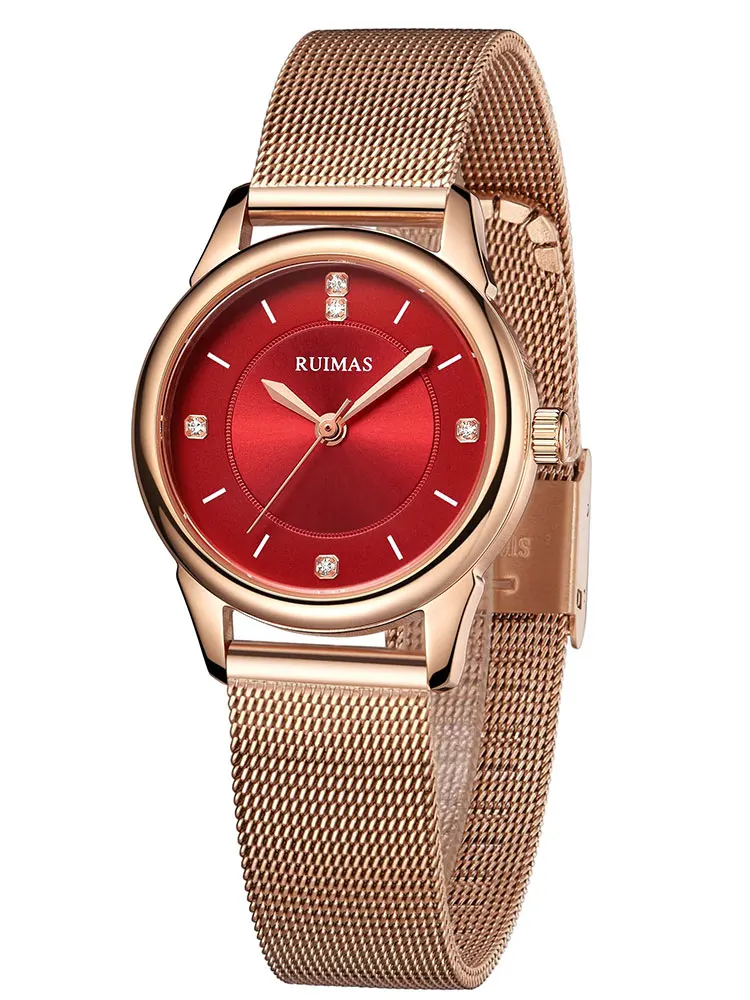 Женские кварцевые часы на сетчатом стальном ремешке цвета розового