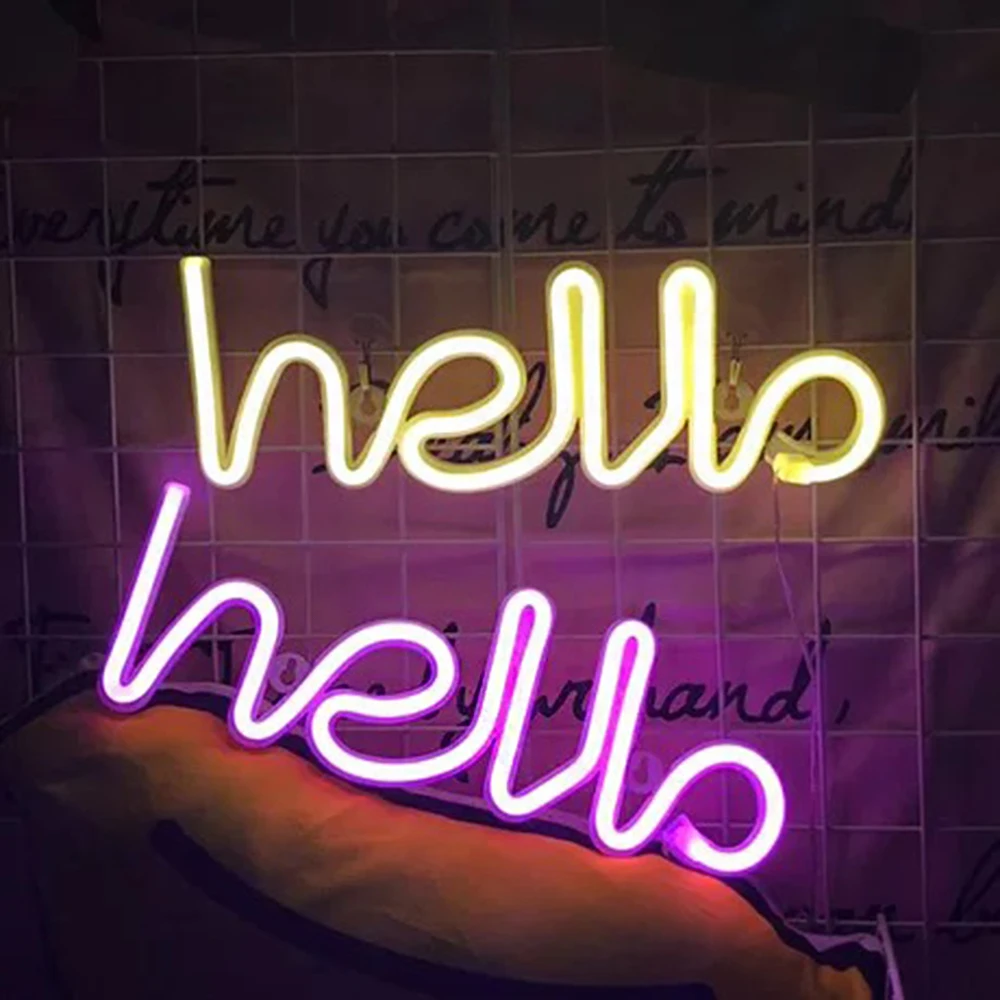 

Неоновый алфавит с буквами Hello светильник Sign, теплые белые и Розовые Настенные неоновые украшения, лампа с питанием от батареи для дома, спальни Вечерние
