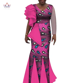 

African Women Wedding Party Dress Bazin Riche African Clothing V Neck Print Long Dress Bridesmaid Dress Engagement Dress WY7278