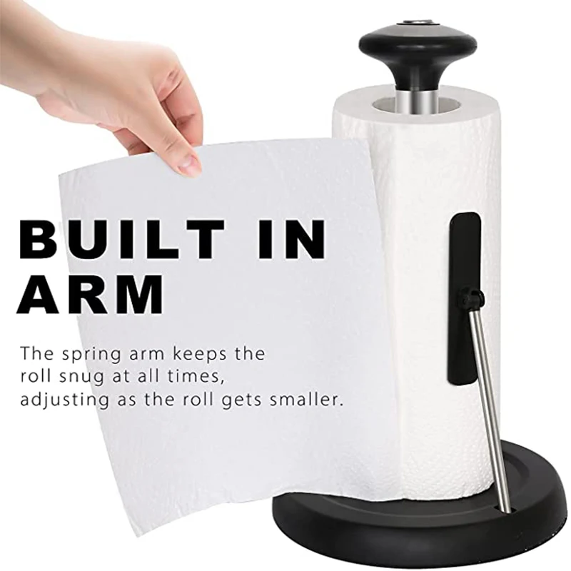 Stainless Steel Paper Towel Holder, Easy to Tear Paper Towel Dispenser, Weighted Base, Adjustable Spring Arm to Hold Any Type