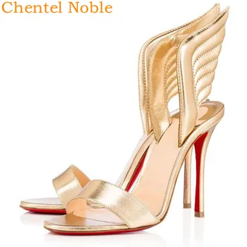 

2020 Newest Chentel High Heel Elegant Sandals Summer Shoes Gold Wings Embellished Slip-On Party Banque Women Sandal Big Size