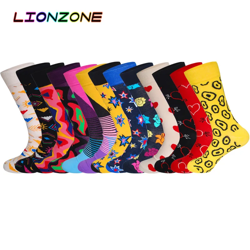 Носки LIONZONE мужские цветные хлопковые с геометрическим рисунком в полоску