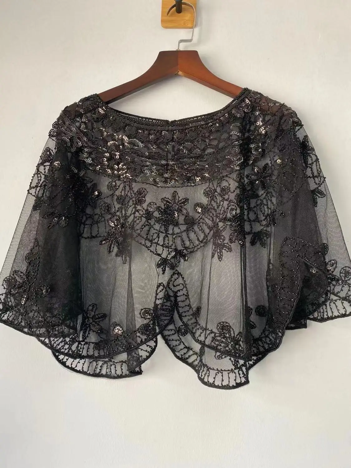 Billige Frauen Glitzernde 1920s Schal Wraps Pailletten Perlen Abend Bolero Cape Flapper Schwarz Cover Up