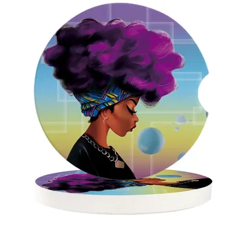 

Small Car Coasters African Women Purple Hair Absorbent Ceramic Car Coasters Teacup Pad Car Home Decor Accessories