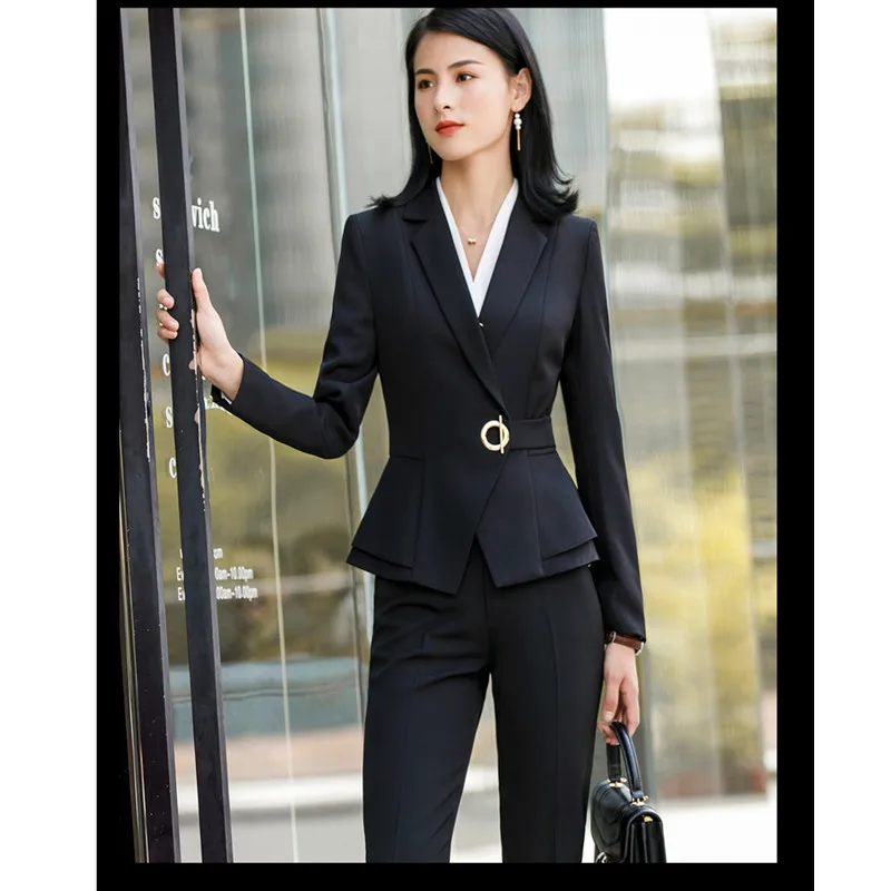 black pant suit Элегантный женский костюм Офисная Женская юбка формальный гофрированный приталенный жакет+ юбка комплект из 2 предметов жакет юбка костюм 111YJE1882CS01 - Цвет: black pant suit