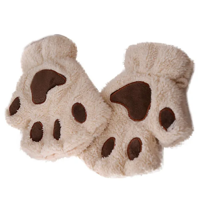 Женские милые пушистые плюшевые перчатки Warmt с когтями в виде лап медведя, кошки, зимняя рукавица, мягкие плюшевые короткие перчатки без пальцев - Цвет: Бежевый
