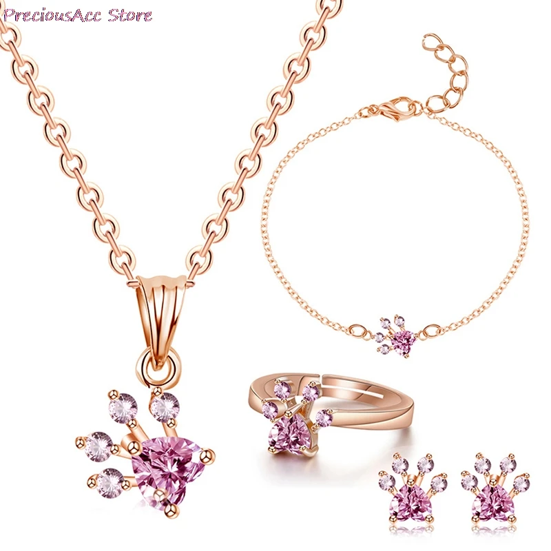4pcs/set Cat Footprints Jewelry Set Women Pet Animal Paw Necklace Bracelet Ring Drop Earing Chain Kits Decor Gifts | Украшения и