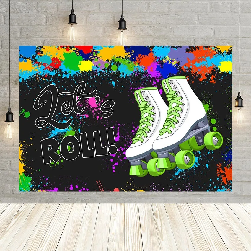 Avezano Let'S Roll Background Per La Fotografia Green Skate Shoes Paint Splatter Graffiti Baby Birthday Background Photo Studio Prop