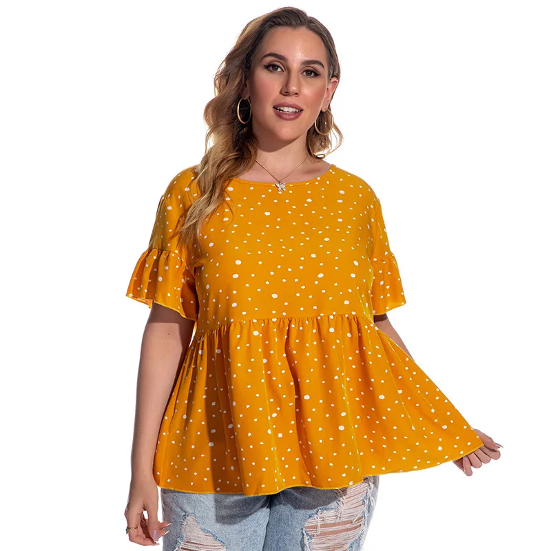 

2021 Spring New Plus Size Women's Shirt Polka Dot Trumpet Sleeve Short Sleeve