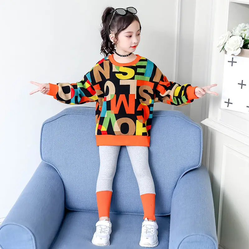 Одежда для детей осенне-весенний комплект для девочек, модный топ с буквенным принтом+ леггинсы, штаны спортивный костюм в стиле хип-хоп из 2 предметов Детский костюм