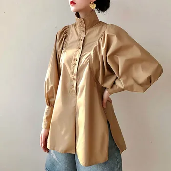 

XUXI 2020 Spring Elegant Small Fresh Minority Casual Korea Pleated Women Blouse Fashion New Single Breast Loose Shirt FZ0595