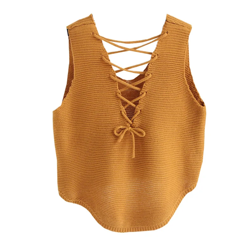 

Spring and autumn 2020 new knitted pure color vest for women's lace up irregular sleeveless bottom sweater shoulder