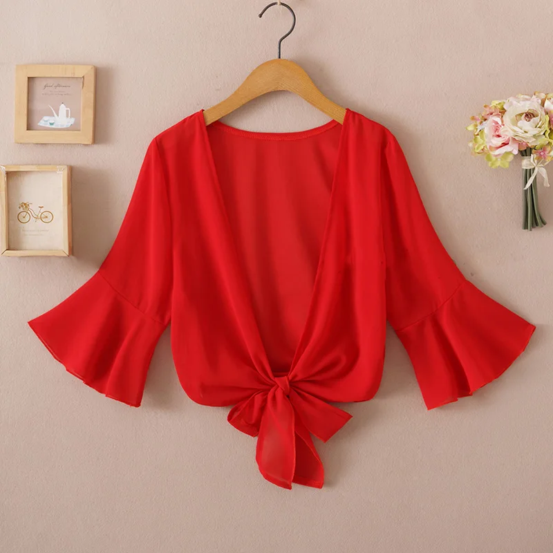 Summer Blouses For Women 2020 Woman V Neck Tie Waist Blouse Shirt Chiffon Black Ruffle Sleeve Top Lace Beach Blouse Cover Up 4