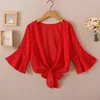 Summer Blouses For Women 2020 Woman V Neck Tie Waist Blouse Shirt Chiffon Black Ruffle Sleeve Top Lace Beach Blouse Cover Up 4