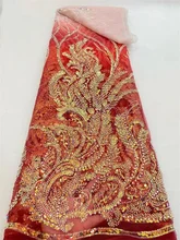 

PGC Red African Beaded Sequins Lace Fabric 2021 High Quality Nigerian Tulle Lace Fabrics 5 Yards For Sew Dress Wedding YA4677B-7