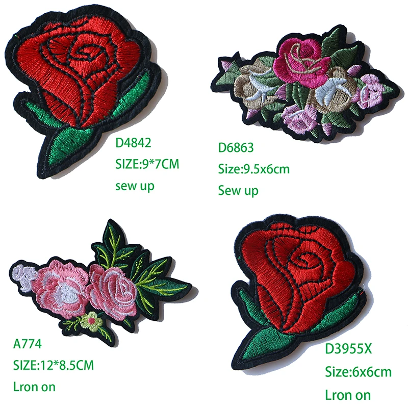 

Rose with Leaves in Love Embroidered Iron on Patches for Clothing DIY Stripes Clothes Patchwork Sticker Custom Flowers Badges