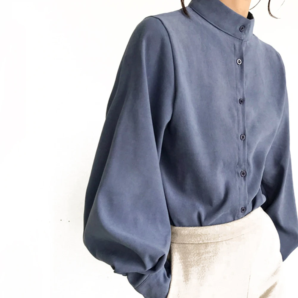 Новые винтажные осенне-зимние плотные женские блузки с расклешенными рукавами, однобортная блузка, женская Свободная Повседневная хлопковая блузка с отложным воротником - Цвет: Синий