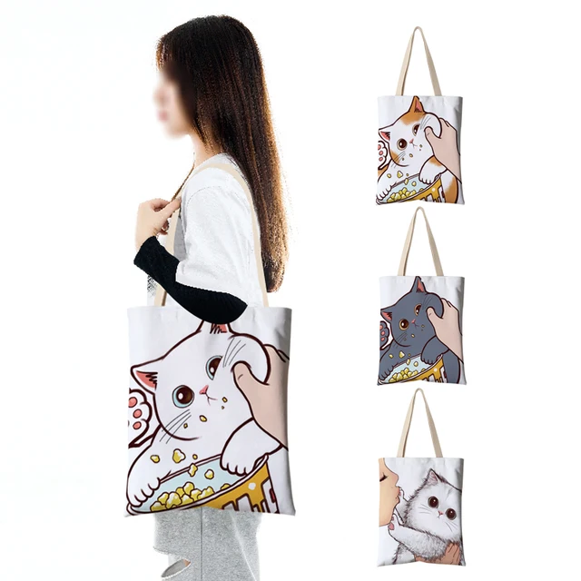 Funny Don t Kiss Me Cartoon Cat Print Women Canvas Shopping Bag