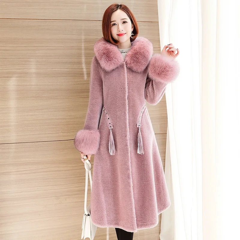 pink Пальто из натурального меха лисы меховой воротник шерстяная куртка осенне-зимнее пальто женская одежда корейская винтажная овчина замша подкладка T3764 - Цвет: pink
