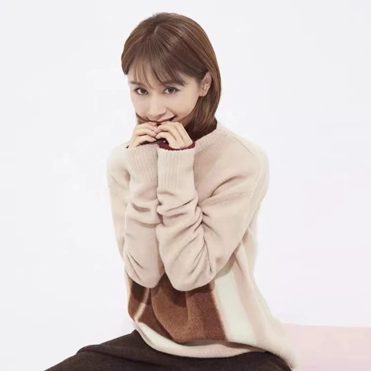 

Women's 2019 Autumn and Winter Fashion Cashmere Square Contrast Color Round Neck Long Sleeve Pullover Sweater