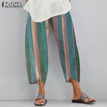 

2020 ZANZEA Summer Harem Pants Vintage Printed Cotton Long Pantalon Women Casual Elastic Waist Turnip Trousers Female Cropped