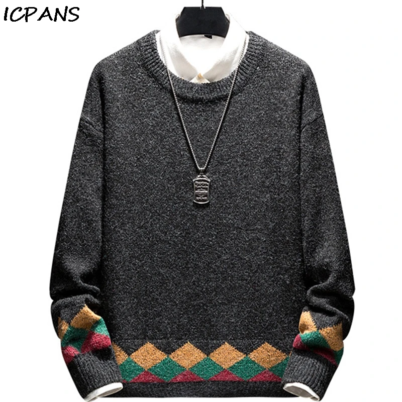 

ICPANS Hip Hop Sweater For Men Plaid O Neck Streetwear Cotton Korea Japanese Style 2019 Autumn Winter Pullovers Man Clothing