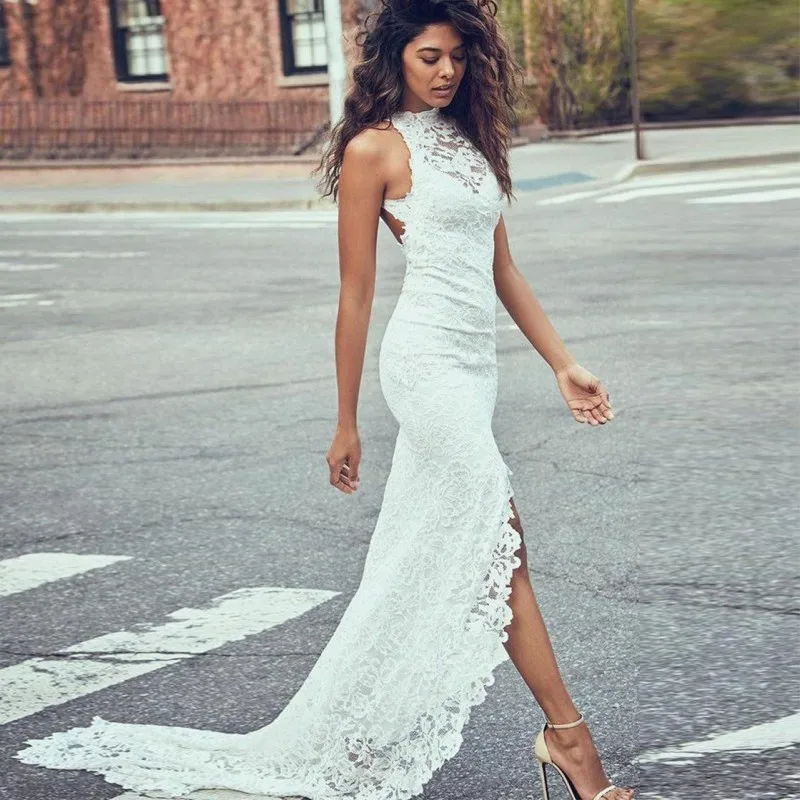 

Wedding Dress Mermaid Crew Open Back Sweep Train White Lace with Split Elegant For Wedding Party