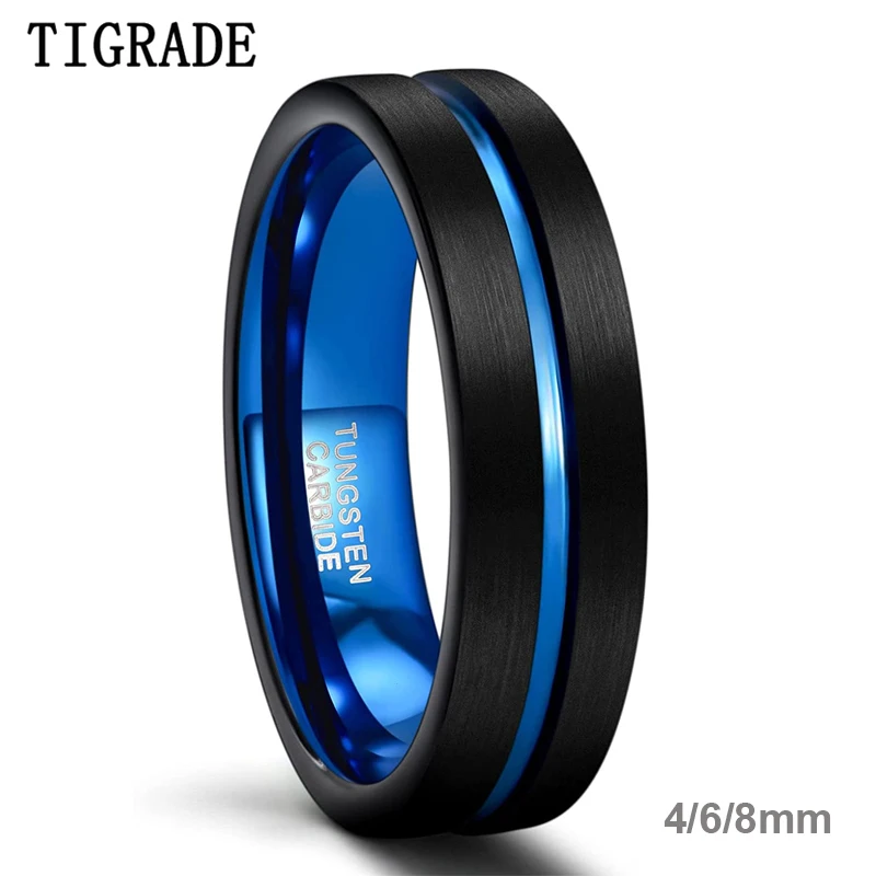 

Tigrade Mens Wedding Band 4mm 6mm 8mm Tungsten Rings for Men Women Blue Center Groove Matte Finish Comfort Fit