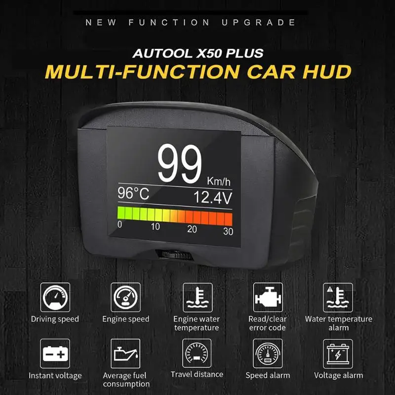 AUTOOL X50 Plus автомобильный OBD HUD Дисплей OBD 2 II автоматический проектор Цифровой измеритель скорости напряжения сигнализация датчик температуры воды