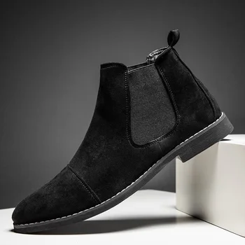 

Classic Pointed Toe Chelsea Boots Men Black Suede Men's Ankle Boots Comfortable High Top Slip On Shoes Men Chaussure Homme Cuir