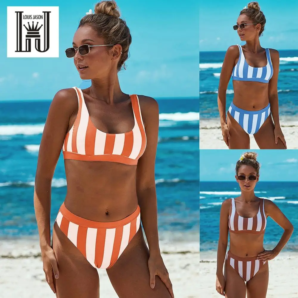 

LOUIS JASON Swimsuit Split Swimwear New Lady Bikini Sexy Round Neck Sleeveless Stripe Bikini Maillot De Bain Femme Bikini Mujer