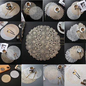 

1PC Golden Silver PVC Placemat for Dining Table Rose Leaf Wheat Ear Conch Round Octagonal Christmas Party Banquet Home Place Mat
