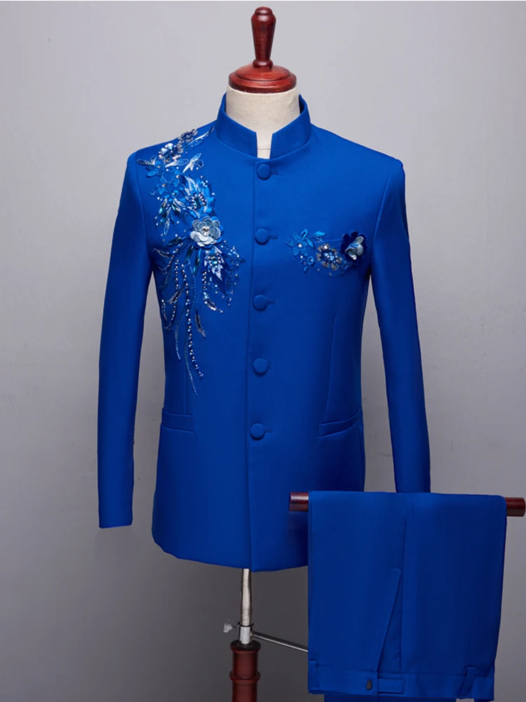 Аппликация пиджаки с вышивкой стоячий воротник мужской костюм китайская туника костюм мужской певец одежда для сцены (куртка + брюки) S-3XL