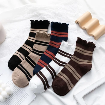

Frilly Socks Ruffle Japanese High School Girls Cotton Loose Striped Crew Socks Women Harajuku Designer Retro Short Socks Autumn