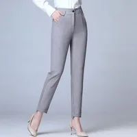 Gray Apricot Women Casual Straight Pants High Waist Suit Pants Elegant Work Ankle-length Trousers 1