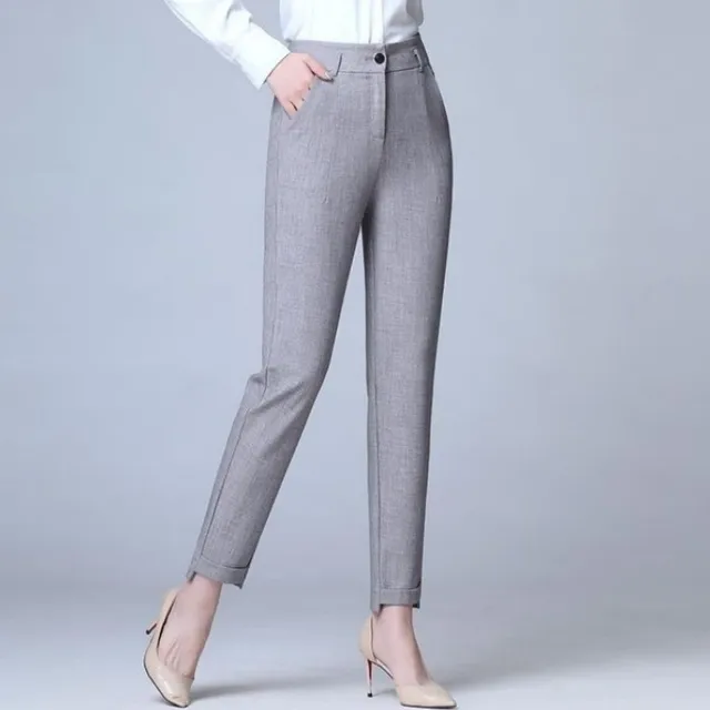 Gray Apricot Women Casual Straight Pants High Waist Suit Pants Elegant Work Ankle-length Trousers 3