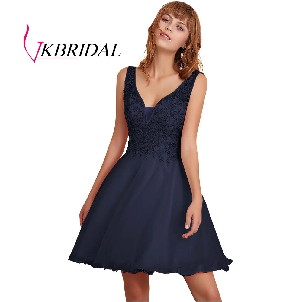 navy blue VKBRIDAL/Короткие платья для выпускного вечера с аппликацией из бисера; Новинка года; vestido de formatura; Выпускные платья для подростков - Цвет: navy blue