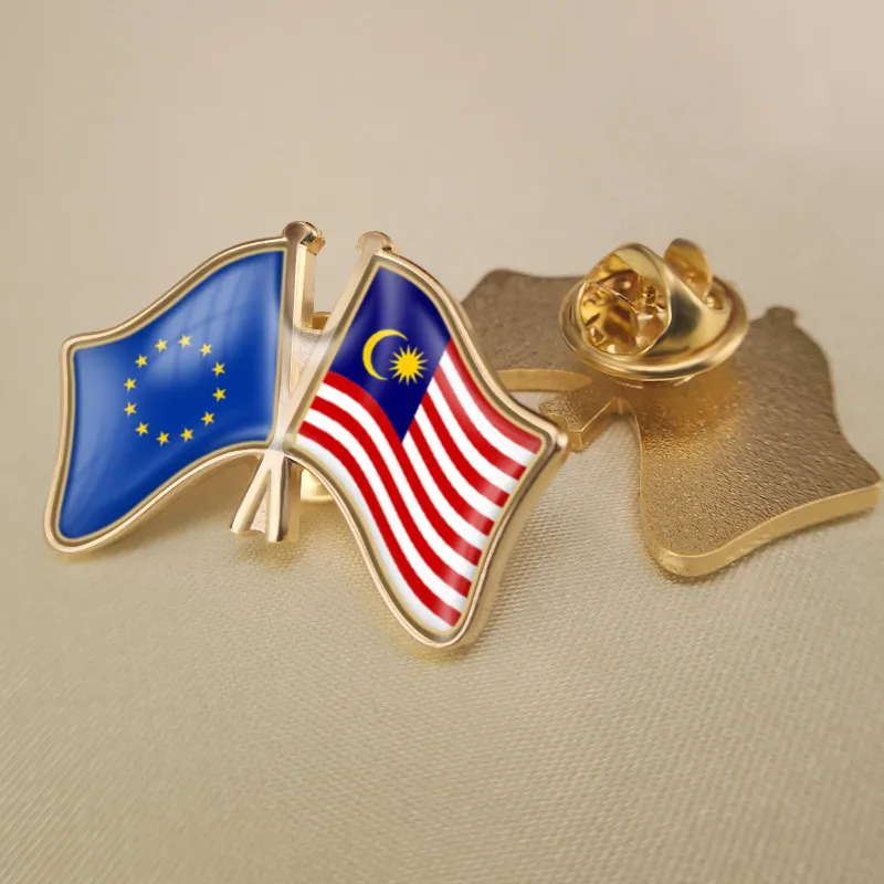 European Union and Malaysia Crossed Double Friendship Flags Brooch