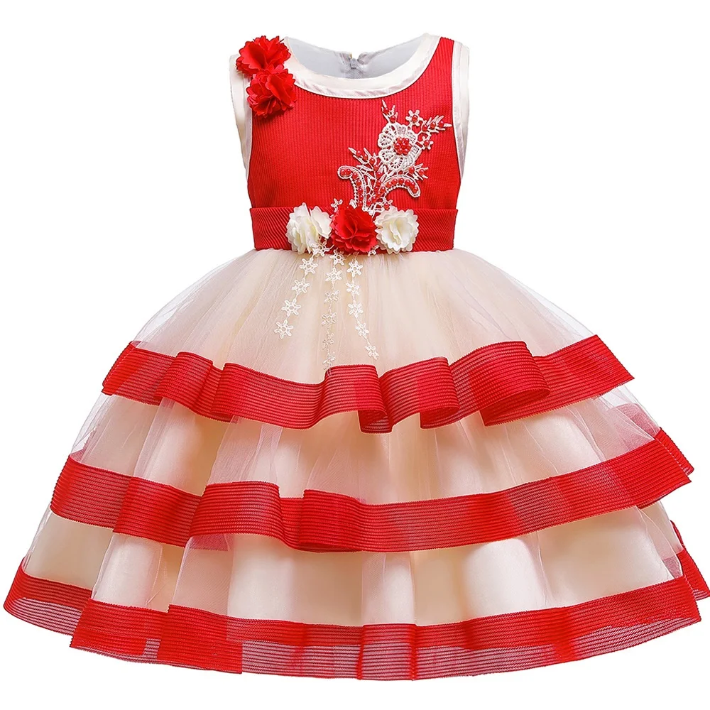 Платье для девочек с цветочной аппликацией и бусинами платье-пачка для девочек, детское платье без рукавов для девочек, рождественское, новогоднее, праздничное платье принцессы