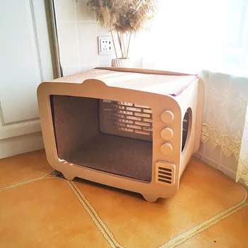 

The Cat Litter Cartoon TV Set Solid Wood Dog House Detachable Mat